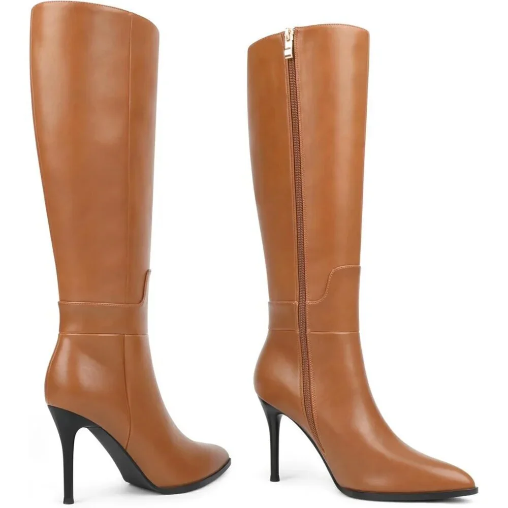 Women's Brown Stiletto Knee High Closed Toe Long Boots Side Zipper Dress Boots